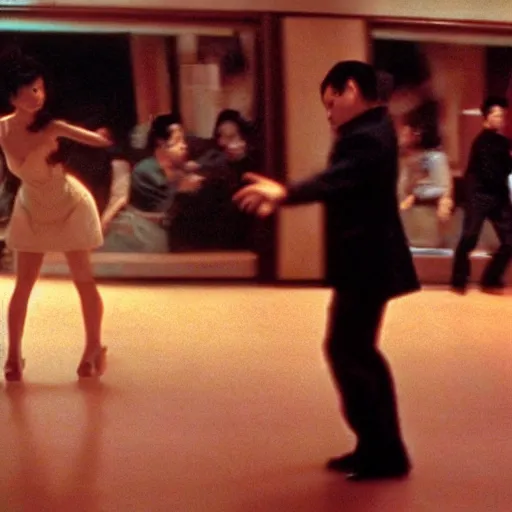 Image similar to wong kar wai dancing love movie scene. wide angle 9 mm lens, close up