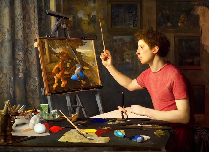 Image similar to a young painter in his studio painting a picture of a colourful pokemon, by edgar maxence and caravaggio and michael whelan and delacroix style, artistic, intricate drawing, cinematic lighting, hyper realistic, extremely detailed, establishing shot, 8 k resolution, dramatic lighting