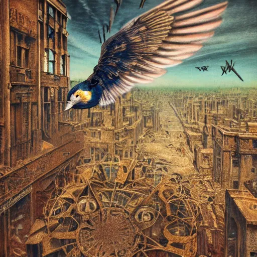 Image similar to bird flying through the center of a post apocalyptic radiated ruined city, surrealism, deep aesthetic, abstract realism, highly ornate intricate details, 1 9 2 0's colored pencil, 4 k, cinematic lighting,