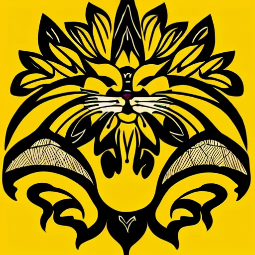 Image similar to tattoo sketch of a cat hugging the sun, on a yellow paper, uzbekistan ornament, line art, vector