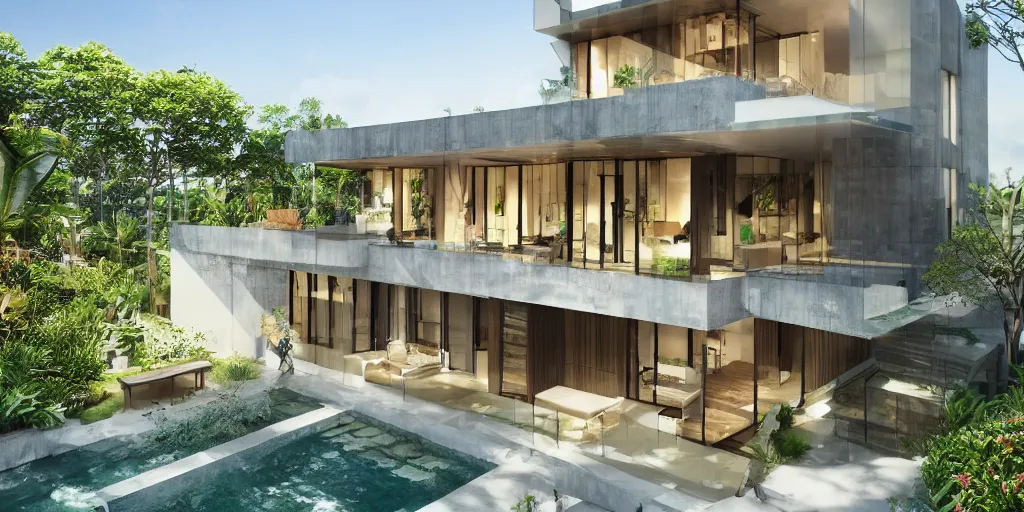 Prompt: 3d rendering of beautiful nature meets architecture concept of a residential house. balinese architecture, volumetric lighting, luxury, high detail, 14mm, glass railing, outdoor staircase, terraces, roof garden, cinematic photography, cg architects, high resolution