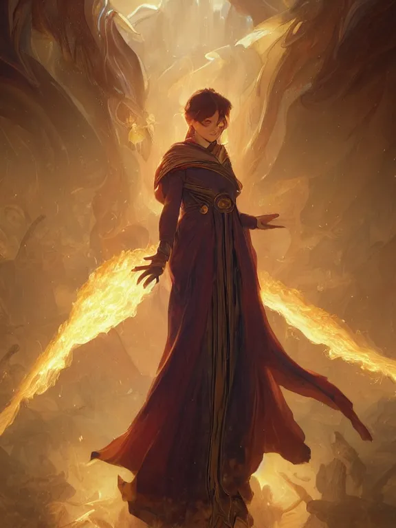 Image similar to young summoner with a fire elemental, fantasy, man, thick robes, intricate, elegant, highly detailed, digital painting, artstation, concept art, wallpaper, smooth, sharp focus, illustration, art by artgerm and greg rutkowski and alphonse mucha