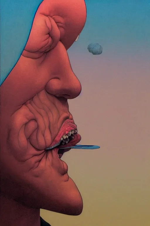 Prompt: a closeup portrait of an honest man licking a tab of LSD acid on his tongue and dreaming psychedelic hallucinations, by kawase hasui, moebius, Edward Hopper and James Gilleard, Zdzislaw Beksinski, Steven Outram colorful flat surreal design, hd, 8k, artstation