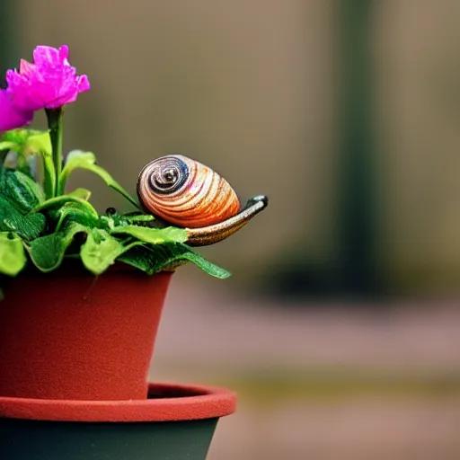 Prompt: a snail on the rim of a flower pot