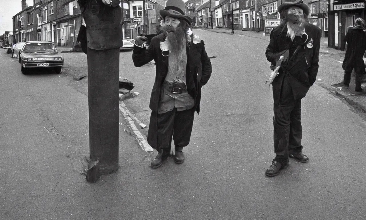 Prompt: leprechaun standing on the streets of 1 9 8 0 ies british town, press photo