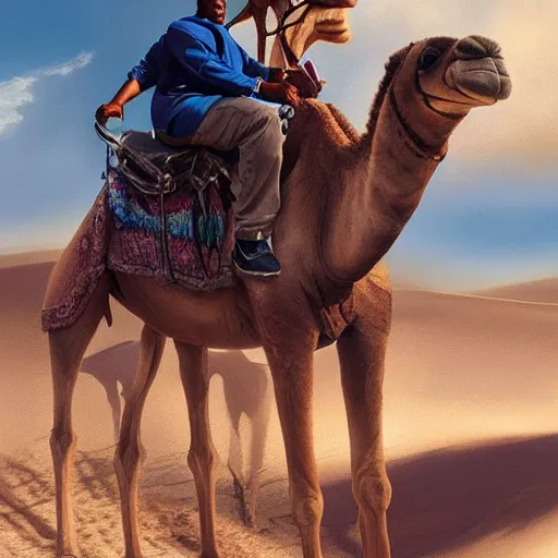 Image similar to portrait of jay - z riding and a camel in brooklyn new york, yankee baseball hat, sand desert fantasy, matte painting, highly detailed, art by artgerm, artstation