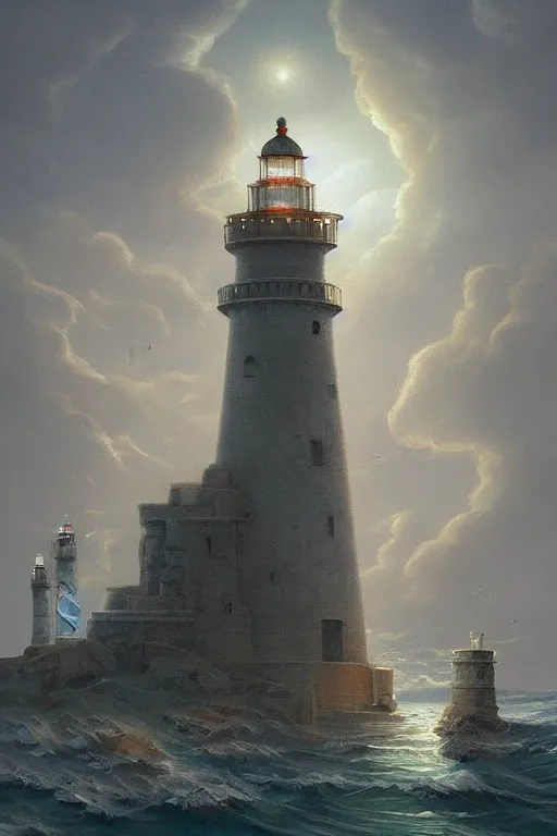 Prompt: Detailed Exterior Shot of The Lighthouse of Alexandria, light of god, light shafts, flock of birds, stunning atmosphere, in Style of Peter Mohrbacher, cinematic lighting