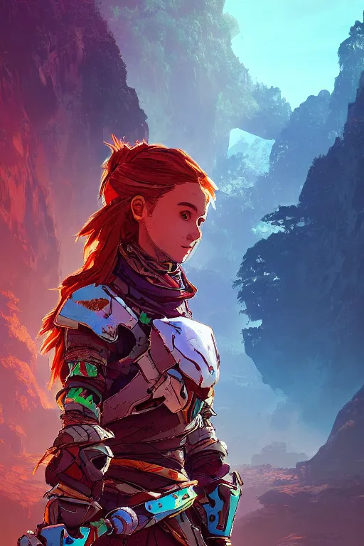 Image similar to combination suit armor aloy horizon forbidden west horizon zero dawn radiating a glowing aura global illumination ray tracing hdr fanart arstation by ian pesty and alena aenami artworks in 4 k tribal robot ninja mask helmet backpack