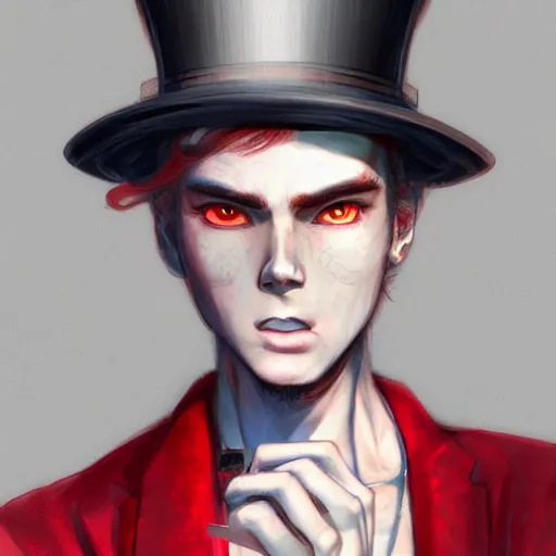 Prompt: semi realistic anime illustration of top hat wearing red haired man smoking a cigarette, with beautiful hyperdetailed eyes, facing camera directly, full face portrait made by Stanley Artgerm, WLOP, Rossdraws, James Jean Andrei Riabovitchev, Marc Simonetti, Yoshitaka Amano, Artstation