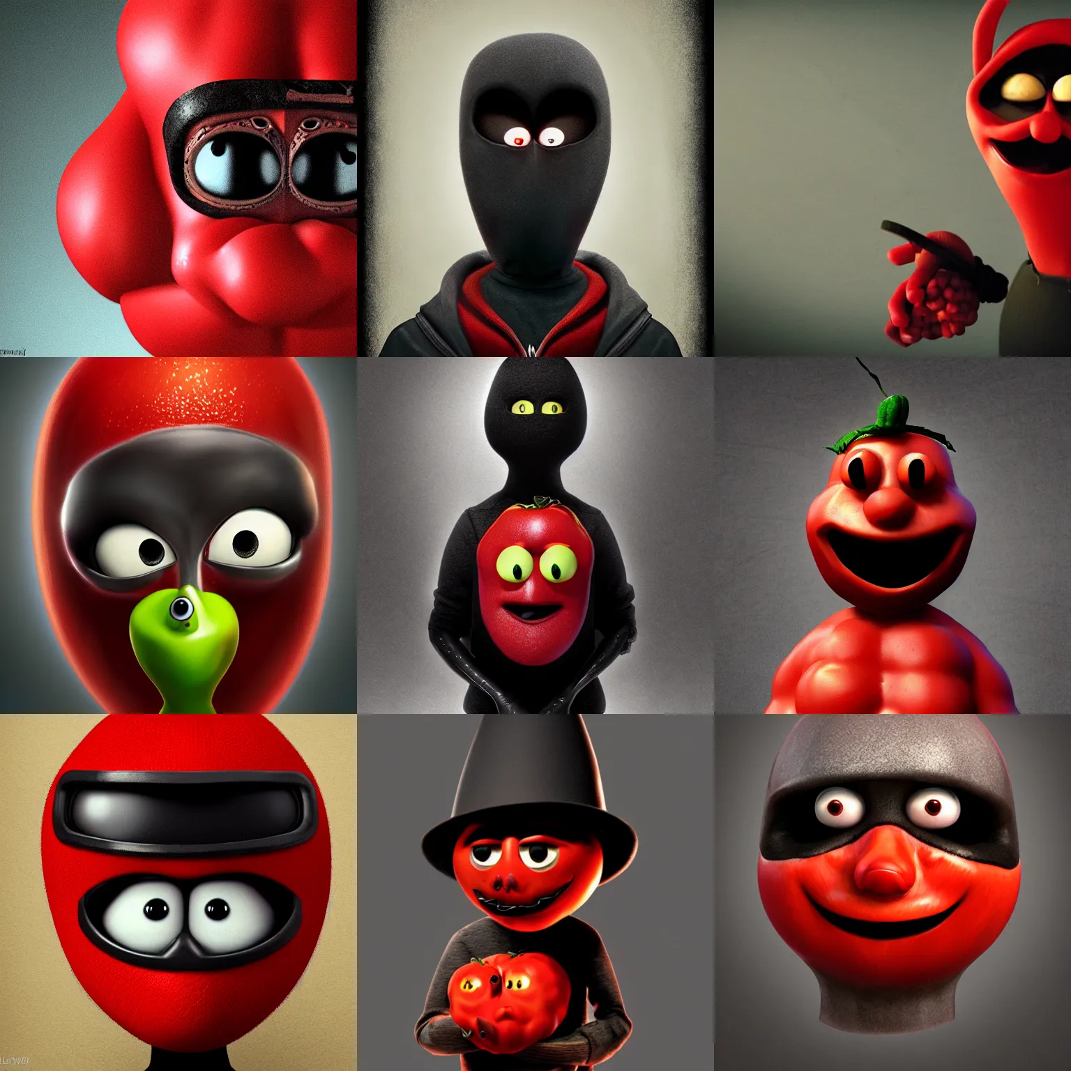 Prompt: a highly detailed deviant tomato character, wearing a black burglar mask, cinematic lighting, deviantart, lowbrow, surrealism, pixar still