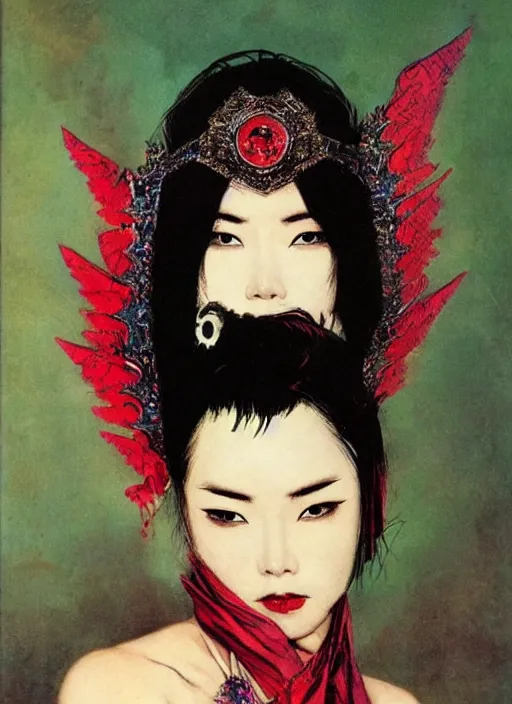 Image similar to svelt female korean vampiress, jeweled headdress, heavy mascara, strong line, saturated color, beautiful! coherent! by frank frazetta, high contrast, minimalism