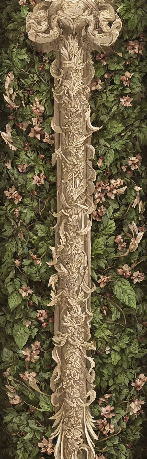 Prompt: beautiful fantasy giant sword carved with decorative ornament, acanthus scrolls, ( ( lilies ) ), ivy, energy, geometry, bones, petals, stems, ceremonial clouds, dripping paint, fibonacci rhythm, artstation, artgerm, wlop, symmetric ornaments