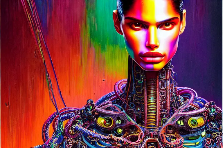 Prompt: Portrait of Sara Sampaio wearing epic bionic cyborg implants of different vibrant colors, detailed intricate ornate cables connected to head, by Dan Mumford and Naoto Hattori, extremely beautiful and proportionate face, in the aesthetic of mert and marcus, masterpiece, intricate, elegant futuristic wardrobe, highly detailed, digital painting, Blade Runner, artstation, concept art, crepuscular rays, smooth, sharp focus, illustration, background is made of stars and vibrant space nebula, cyberpunk colors, volumetric lighting, art by artgerm and james jean and Nick Sullo H 1024