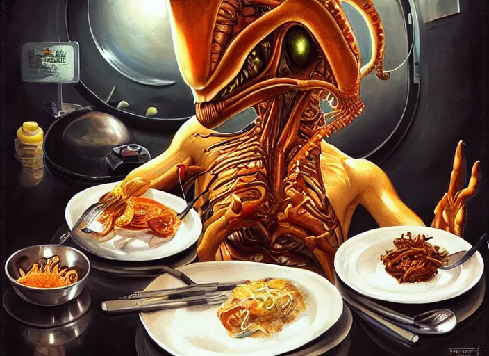 Prompt: an alien eating food at a chinese buffet, americana painting, elegant intricate digital painting artstation concept art by mark brooks and brad kunkle detailed