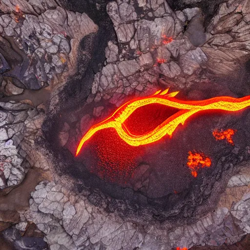 Image similar to shot of a mythological western fantasy dragon bathing in lava, cryptid, unexplained phenomena, drone photography, 8k