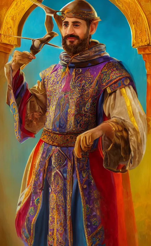 Image similar to a charming tailor of middle - eastern descent, dressed in fine colorful robes over armor, sporting a goatee, smirking, holding a magic needle, fantasy digital painting by barret frymire by artem priakhin, high resolution 4 k