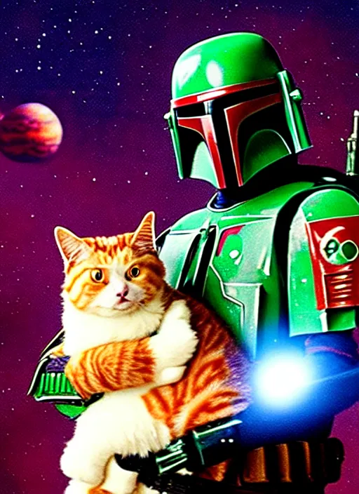 Image similar to film still of boba fett holding a fat ginger cat in his arms, star wars, beautiful glowing lights, planets in background, sci - fi, stunning, intricate, elegant. highly detailed