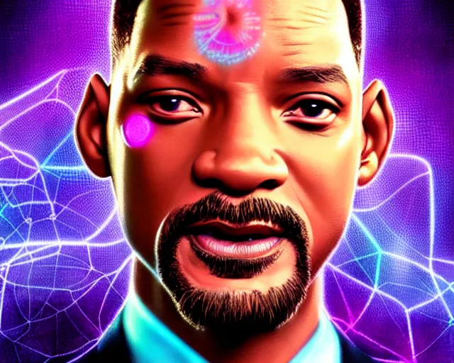 Image similar to portrait of will smith, fractal neon glowing diagram background, intricate purple suit, digital art by artgerm and karol bak