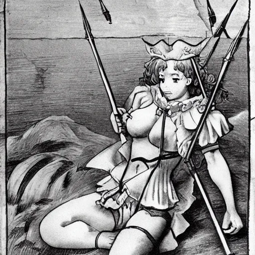 Image similar to 1 5 th century ronald mcdonald siege weapons with pretty anime girl in bikini
