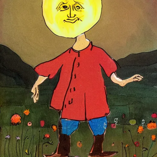 Prompt: Sir David Attenborough as Sungglepot in the style of May Gibbs,