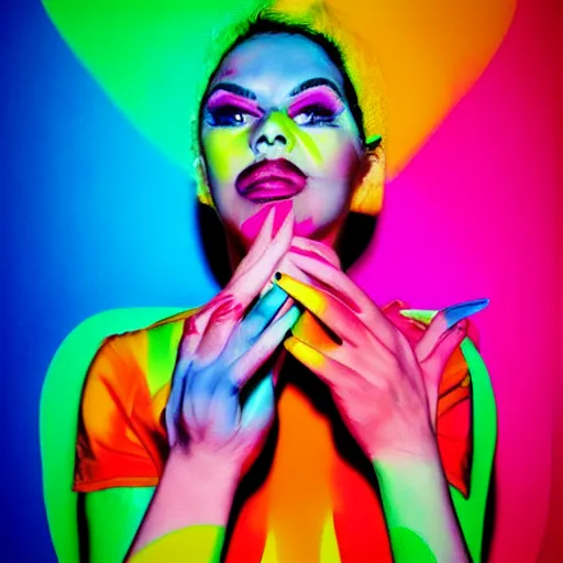 Image similar to a woman with colorful nail polish holding her hands to her face, a pop art painting by david lachapelle, featured on flickr, pop art, neon, vivid colors, glowing neon