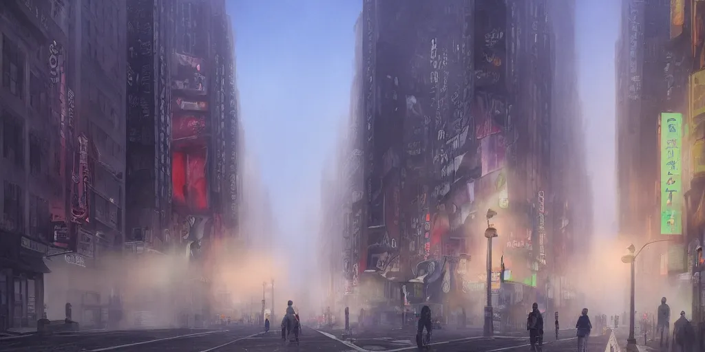 Image similar to a street at new york city, foggy evening, matte painting, studio ghibli, artstation