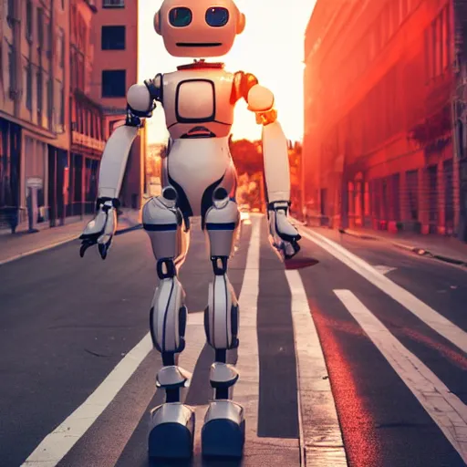 Image similar to a calming photograph of a tall, slender, humanoid robot caresses a beautiful woman in the face, large shot, wide shot, in a street, sunset photo