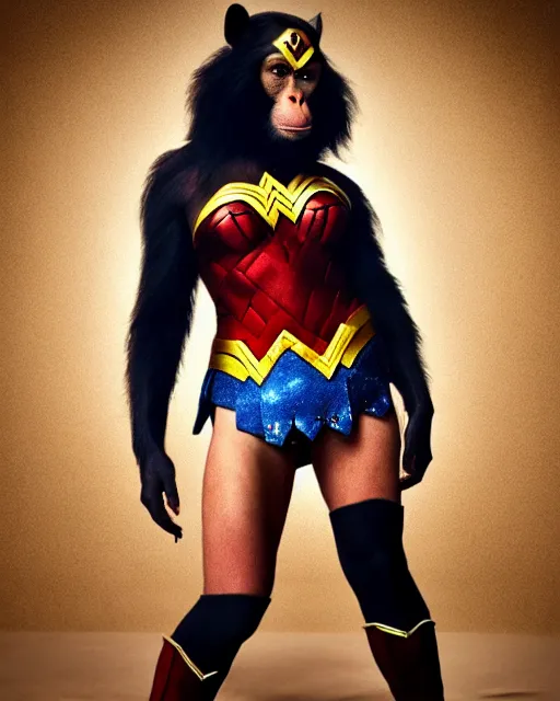 Image similar to a beautiful Chimpanzee dressed as Wonder Woman. Hyperreal, Trending on Artstation photography in the style of Mario Testino