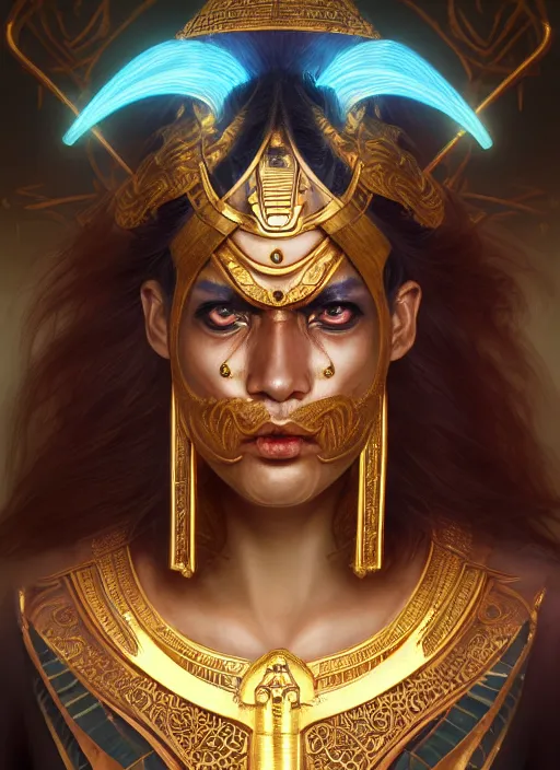 Image similar to angry god shu, bronze skin tone and egyptian wig, pharaoh beard, glowing eyes, volumetric lights, cyan and gold scheme, art nouveau botanicals, gothic, intricate, highly detailed, digital painting, artstation, concept art, smooth, sharp focus, symmetric face, illustration, steampunk, art by artgerm and greg rutkowski and alphonse mucha