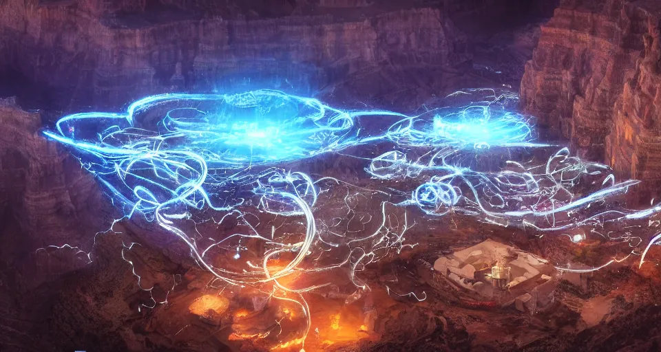 Image similar to night, a lot of people and a spiral - shaped white luminous attractor is floating in grand canyon, concept art, art for the game, professional lighting, art