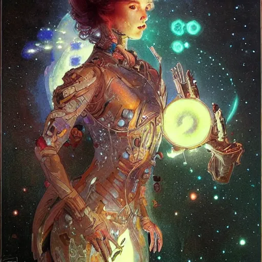 Prompt: cuberpunk, galaxy character, carving on southern ice porcelain , overdetailed art, by greg rutkowski, by Alfons Mucha, complementing colors, magic, colorful lights, fireflies, detailed illustration