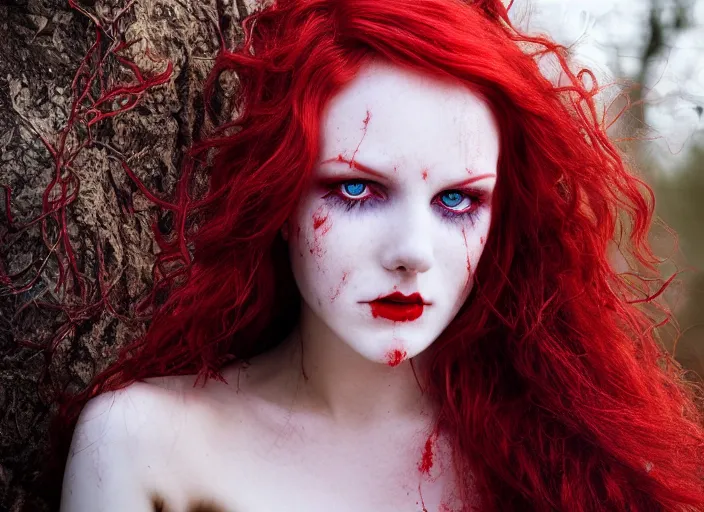 Image similar to award winning 5 5 mm close up face portrait photo of an anesthetic redhead woman with blood - red wavy hair, intricate eyes that look like stars, and fangs, in a park by luis royo