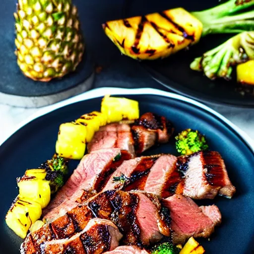 Prompt: a plate of seared glazed pork with a side of grilled pineapple and long broccoli, beautiful appetizing food photography