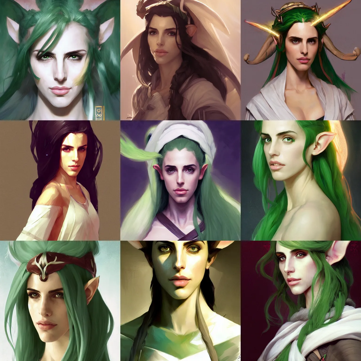 Prompt: character concept portrait, head - on centralized, jessica lowndes as a green - haired elf d & d cleric in white robes, style digital painting, concept art, smooth, sharp focus, illustration, from metal gear, by ruan jia and mandy jurgens and william - adolphe bouguereau, artgerm