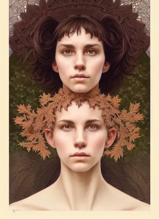 Image similar to symmetry portrait of welsh brunette student in mans tunic, tomboy, short hair, intricate forest background, intricate, elegant, highly detailed, digital painting, artstation, concept art, smooth, sharp focus, illustration, art by artgerm and greg rutkowski and fra angelico and alphons mucha