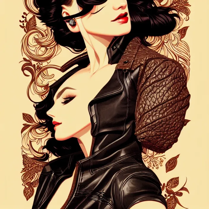 Image similar to woman in leather illustration, vector art style, medium shot, intricate, elegant, highly detailed, digital art, ffffound, art by jc leyendecker and sachin teng