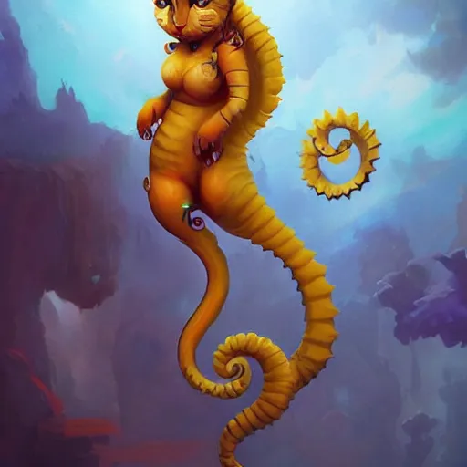 Image similar to cat seahorse shapeshifter, humanoid fursona by Peter Mohrbacher and Louis Wain, furaffinity, trending on artstation