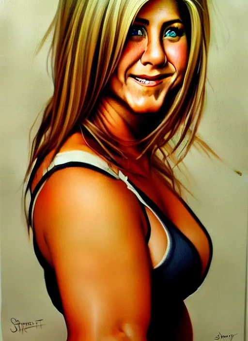 Prompt: portrait of cute jennifer aniston as a bit chubby young woman, painted by stanley artgerm, sleek curves, sharp focus, trending on artstation hq, deviantart