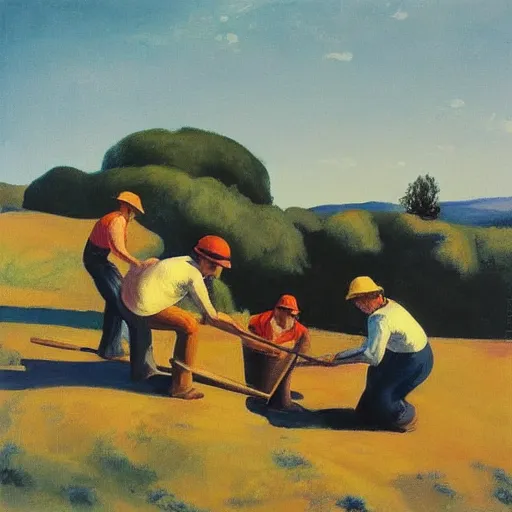 Prompt: “a painting of a group of people digging a well in the Spanish mountains, the sun burning in the sky, in the style of Edward hopper”