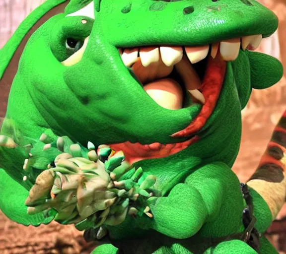 Image similar to yoshi in monster hunter, green dinosaur