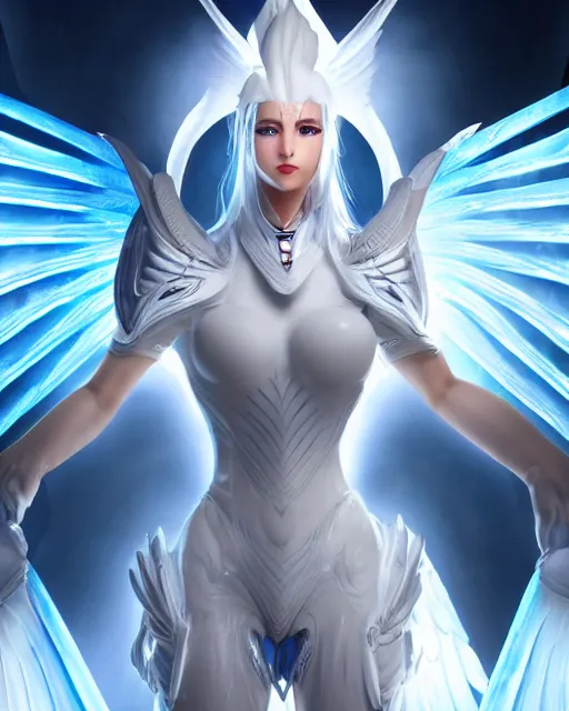 Image similar to perfect white haired attractive egyptian goddess with huge white dove wings, warframe armor, beautiful, symmetric, dreamy, half asian, pretty face, blue eyes, detailed, scifi platform, laboratory, experiment, 4 k, ultra realistic, epic lighting, android body, illuminated, cinematic, masterpiece, art by akihito tsukushi, voidstar