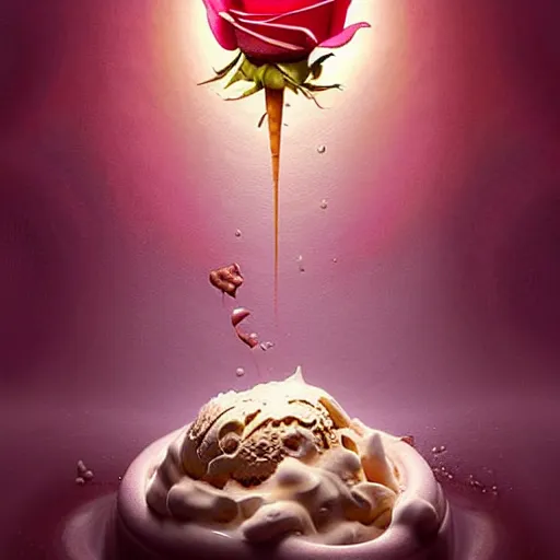 Image similar to epic professional digital art of icecream, rose atmospheric lighting, painted, intricate, detailed, cheerful, fun, exciting, by leesha hannigan, wayne haag, reyna rochin, ignacio fernandez rios, mark ryden, iris van herpen,, epic, stunning, gorgeous, much wow, cinematic, masterpiece.