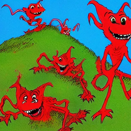 Prompt: Professional art, a stunning illustration of red goblins on a mountainside illustrated by Dr Suess