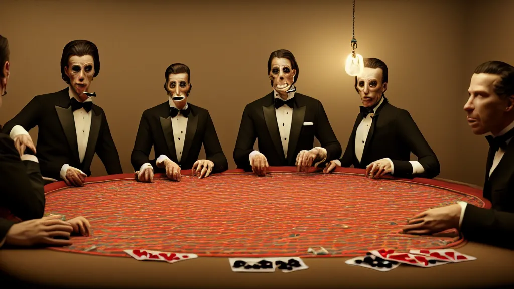 Image similar to hyperrealism simulation highly detailed human turtles'wearing detailed tuxedos and smoking, playing poker in surreal scene from dark scary movie from future by wes anderson and denis villeneuve and mike winkelmann rendered in blender and octane render