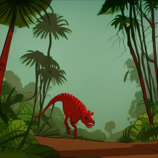 Prompt: tyrannosaurus in the jungle, genndy tartakovsky, samurai jack, studio la cachette, comic book, pulp