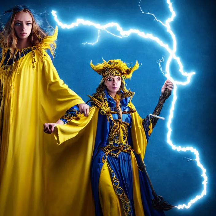 Prompt: photograph of a real - life beautiful elemental lightning witch with ornate yellow and blue robes and staff. extremely detailed. 8 k