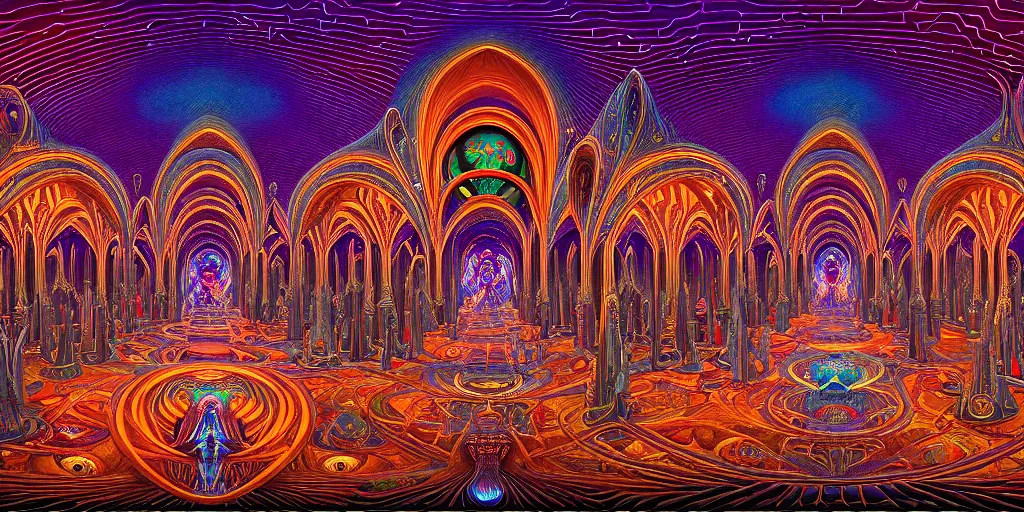 Image similar to cinematic view of the inside of a dmt cathedral filled with intricate and perfect patterns surrounded by infinite rooms, moebius, alex grey, oil on canvas, masterpiece, trending on artstation, featured on pixiv, cinematic composition, sharp, details, hyper - detailed, hd, hdr, 4 k, 8 k