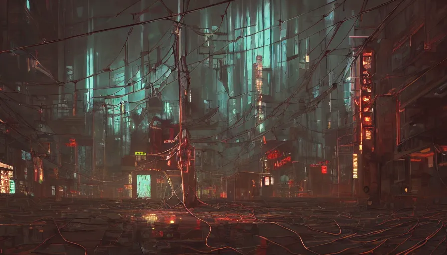 Image similar to a detailed concept painting of half a robot torso hanging by wires in a desolate cyberpunk environment filled with computers, soft lighting, digital art, artstation, oil on canvas