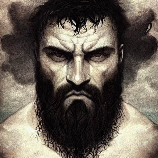 Image similar to painted portrait of rugged godly man in the ocean, god of war, black hair, masculine, powerful, handsome, upper body, white robe, muscular, extremely hairy torso!, fantasy, intricate, scar across eye, highly detailed!!, digital painting!, artstation, concept art, smooth, sharp focus!!!, illustration, art by leonardo da vinci