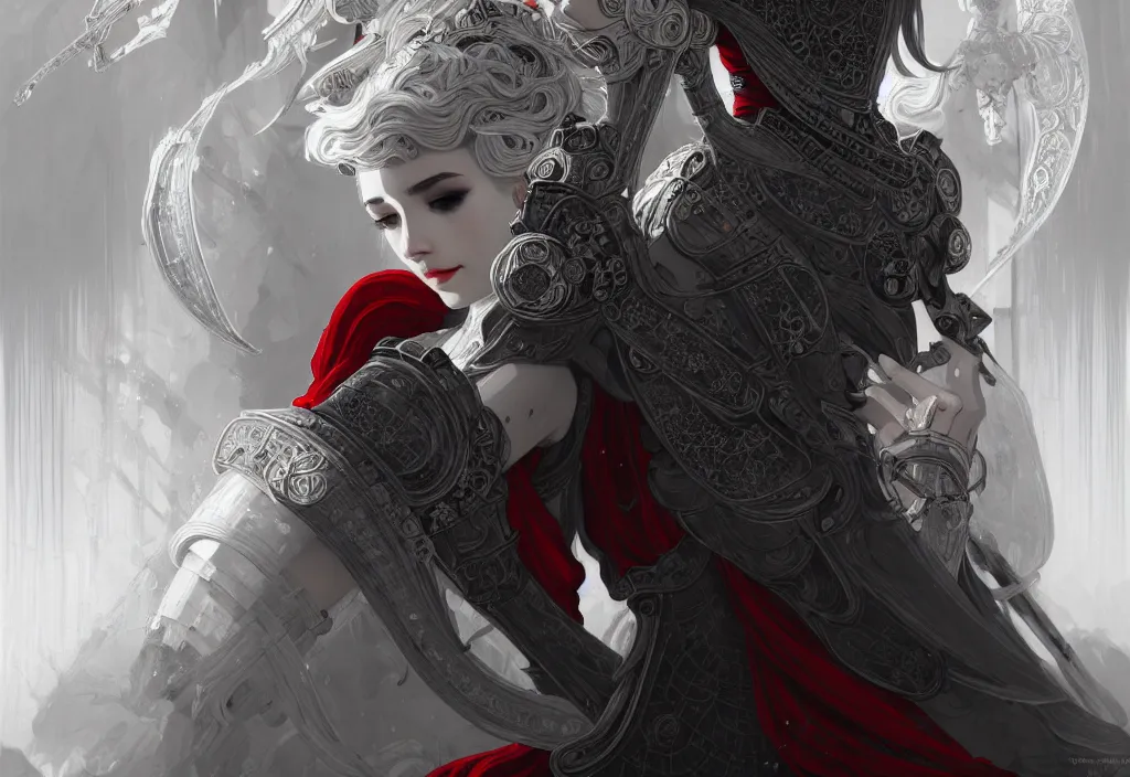 Image similar to portrait grey hair knights of zodiac girl + smoky eyes, matt black / little red color armor in ruined agora of athens, ssci - fi and fantasy, intricate and beautiful and elegant, highly detailed, digital painting, artstation, concept art, smooth and sharp focus, illustration, art by tian zi and wlop and alphonse mucha